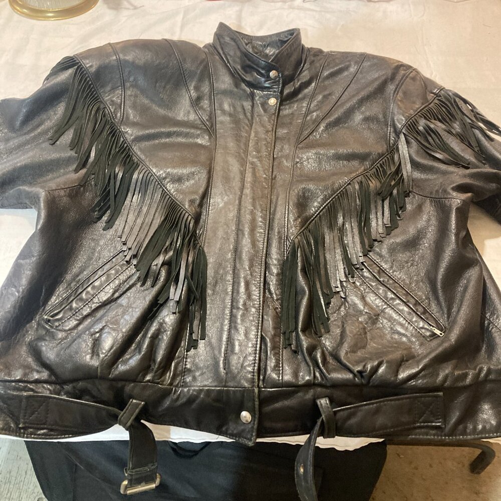 Vtg fringe western cowboy biker motorcycle black leather mens jacket XXXLarge